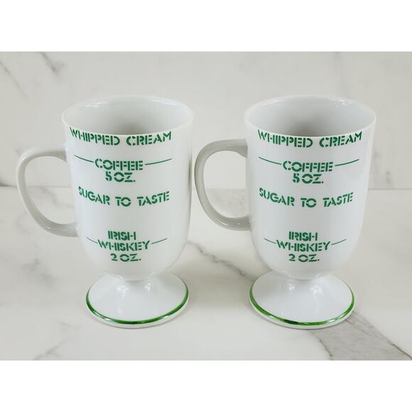 Irish Coffee Mug w/ Recipe Green Clover Pedestal 5" White Porcelain x2 Vintage - Picture 6 of 14